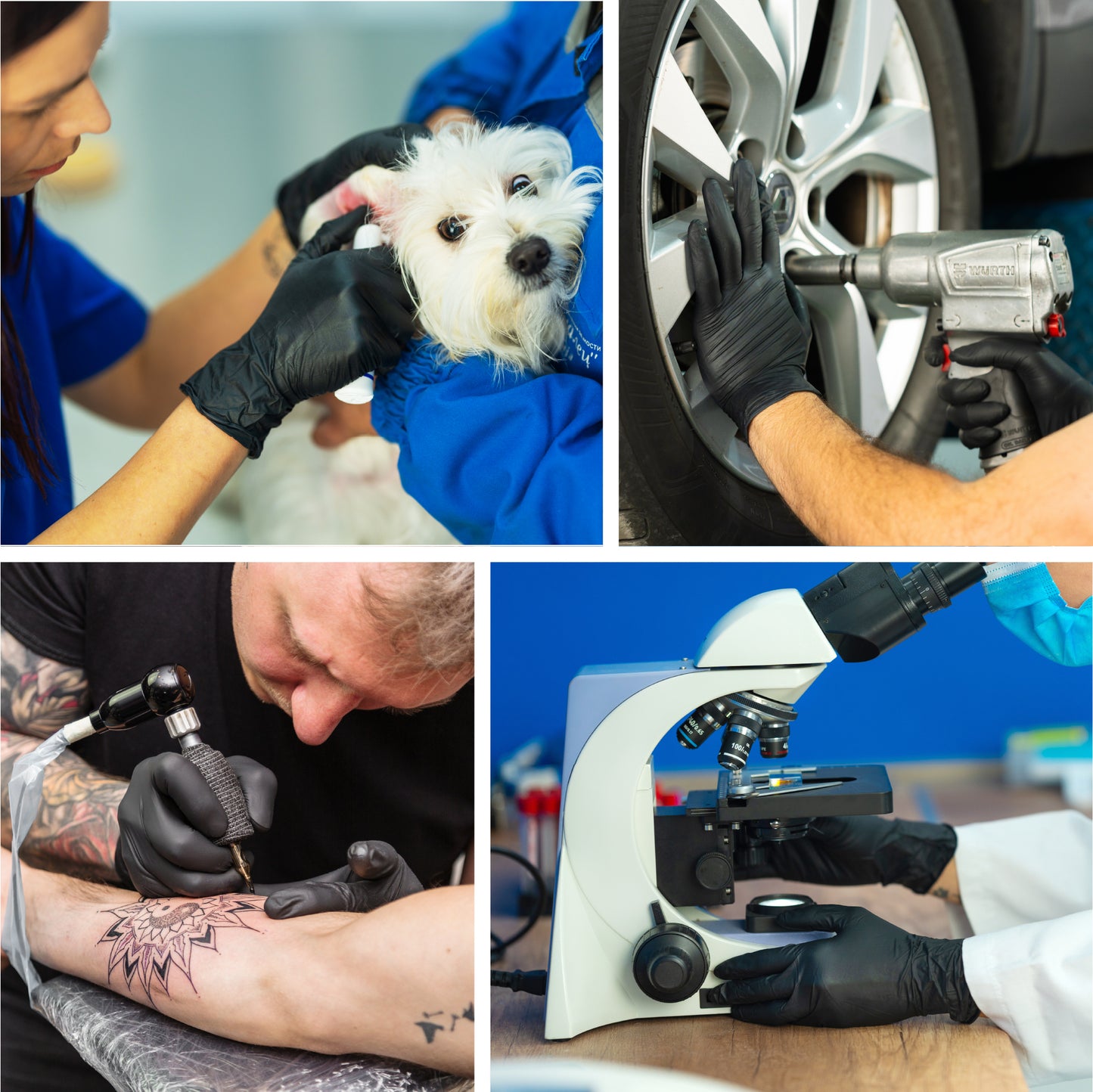 Collage of textured 4.5 mil black Raxwell gloves in cleaning, auto, food prep and lab settings. Demonstrates everyday versatility with slim design.