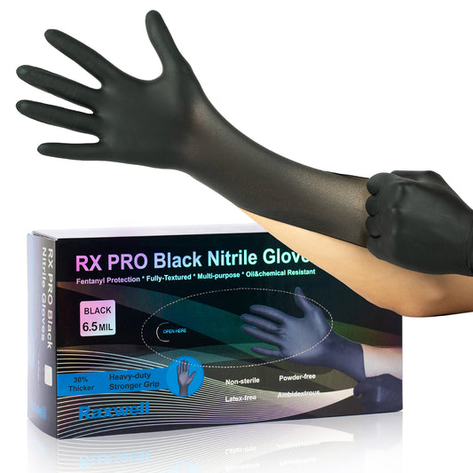 Hand pulls sleek black Raxwell RX PRO nitrile glove tight above box noting 6.5 mil thickness, fentanyl protection and heavy-duty grip. Shows premium packaging.