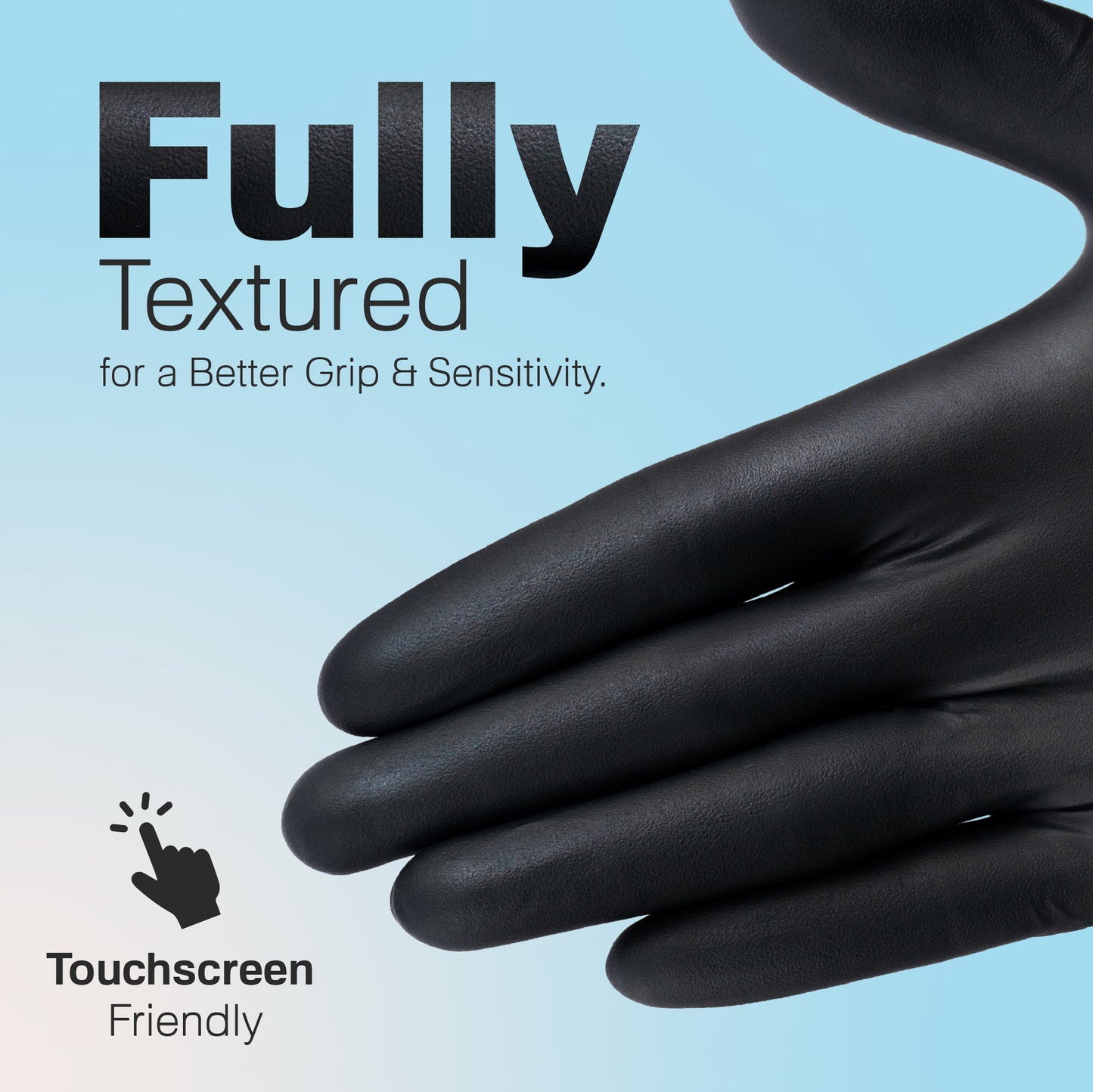 Close-up of diamond-textured black glove fingers under “Diamond Textured Grip Glove” headline. Shows non-slip surface offered by Raxwell.