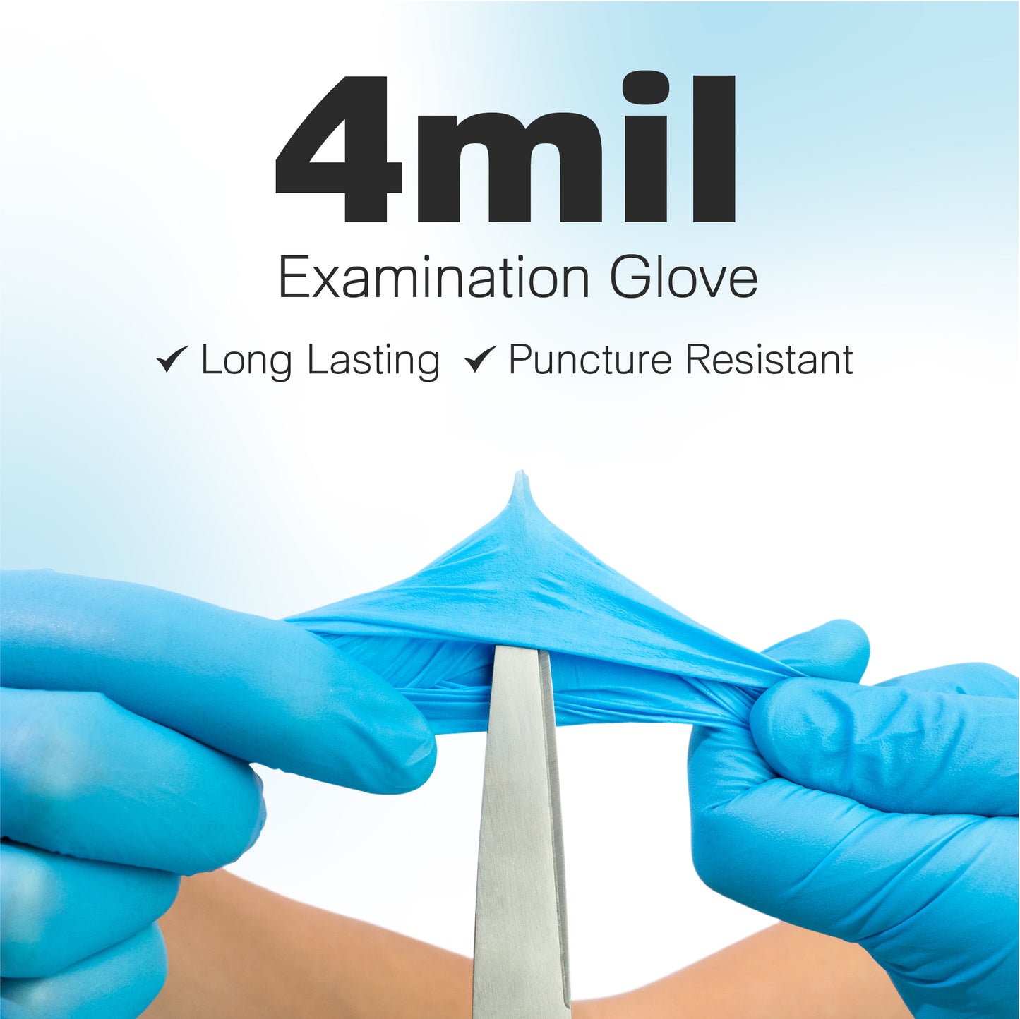 Blue 4 mil glove stretched over scissors with headline “4 mil – A Thicker, Better Glove” relative to standard disposables. Shows rip-resistance.