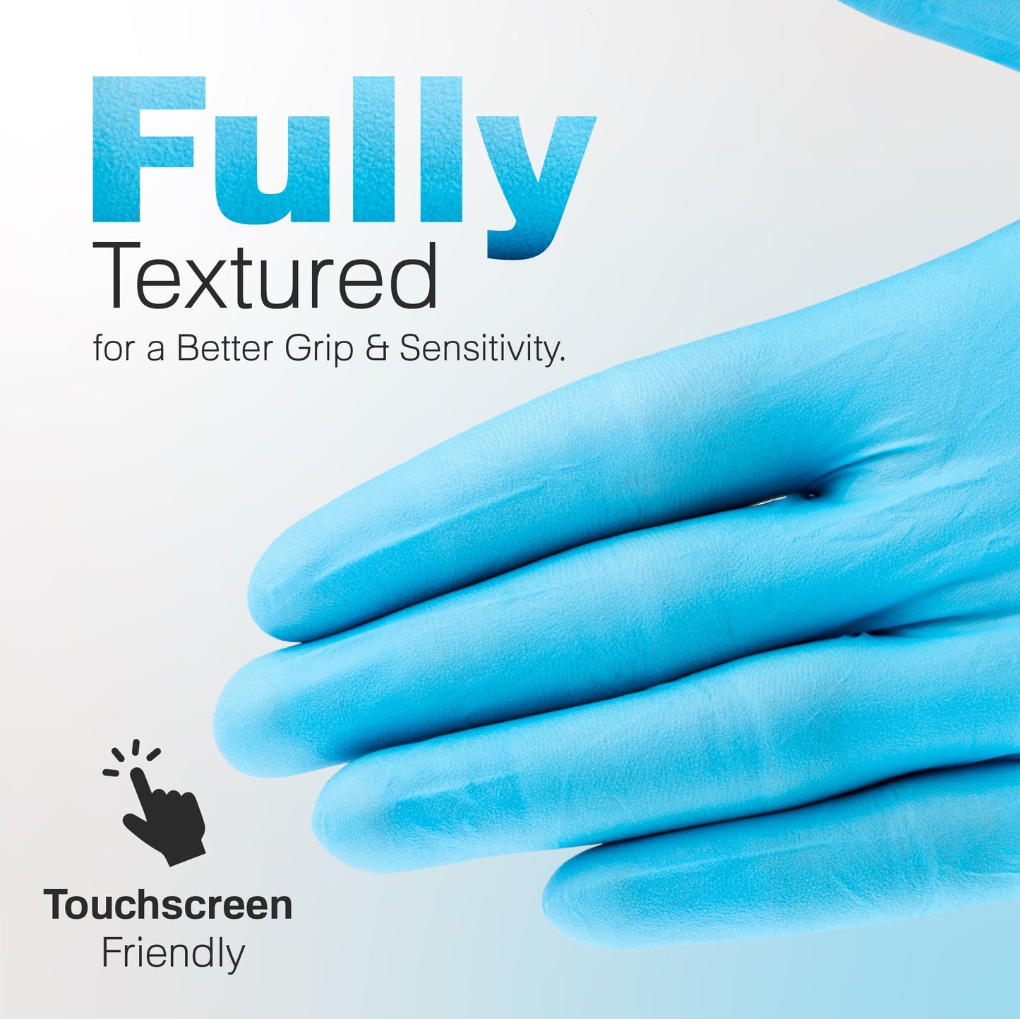 Extended-cuff measurement graphic tailored to 4 mil blue glove, noting 12.5-inch reach and touchscreen friendliness.