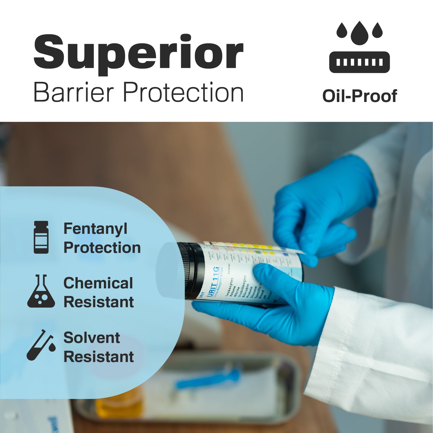 Blue Raxwell glove wiping countertop with “Superior Barrier Protection” overlay, adapted for 4 mil thickness.