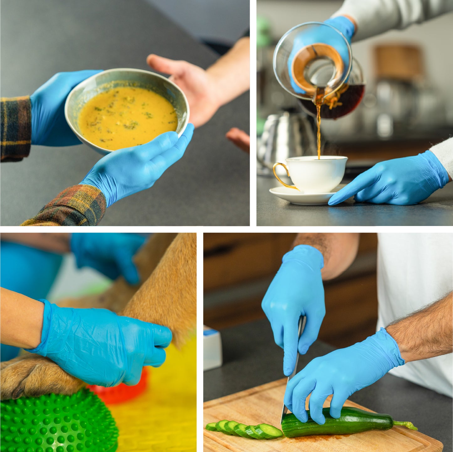 Collage of light-blue 4 mil Raxwell gloves used in janitorial, automotive, lab and food prep tasks. Highlights versatility of the thinner variant.