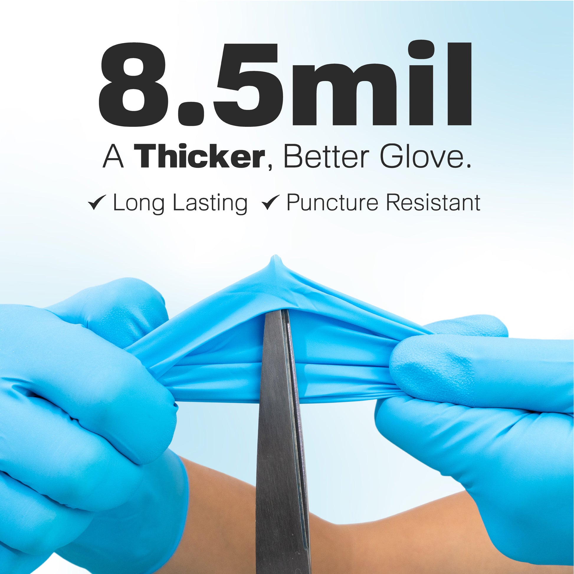 Blue gloves stretch over scissors beneath “8.5 mil – A Thicker, Better Glove” call-out. Visual emphasizes tear resistance of Raxwell nitrile.