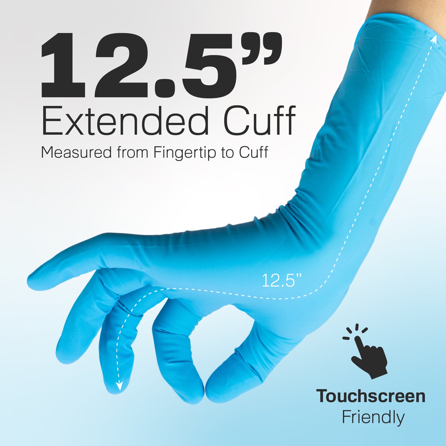 Blue nitrile glove posed to show 12.5-inch extended cuff with dashed measurement line and “Touchscreen Friendly” icon. Highlights extra coverage length.