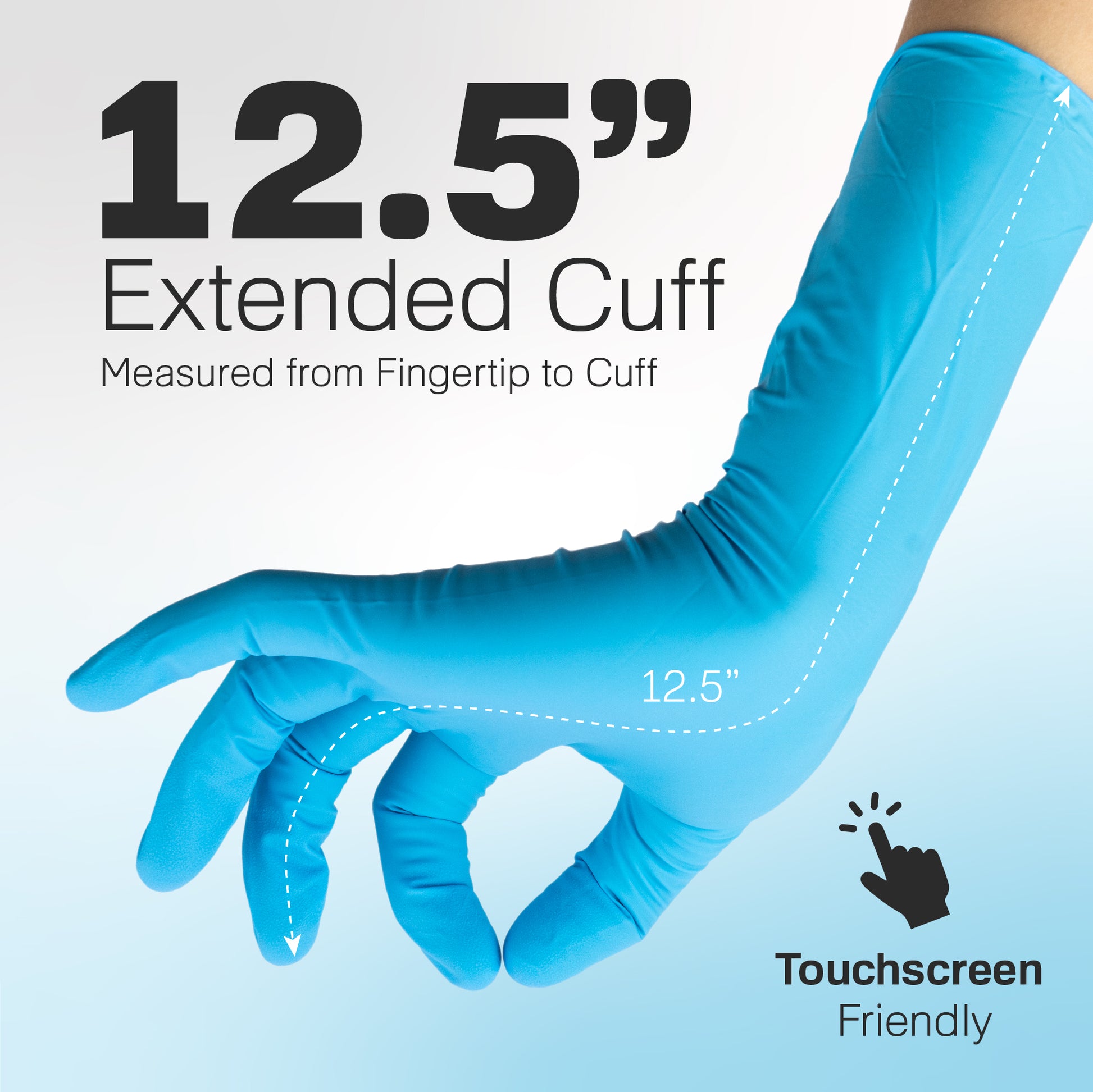Blue nitrile glove posed to show 12.5-inch extended cuff with dashed measurement line and “Touchscreen Friendly” icon. Highlights extra coverage length.