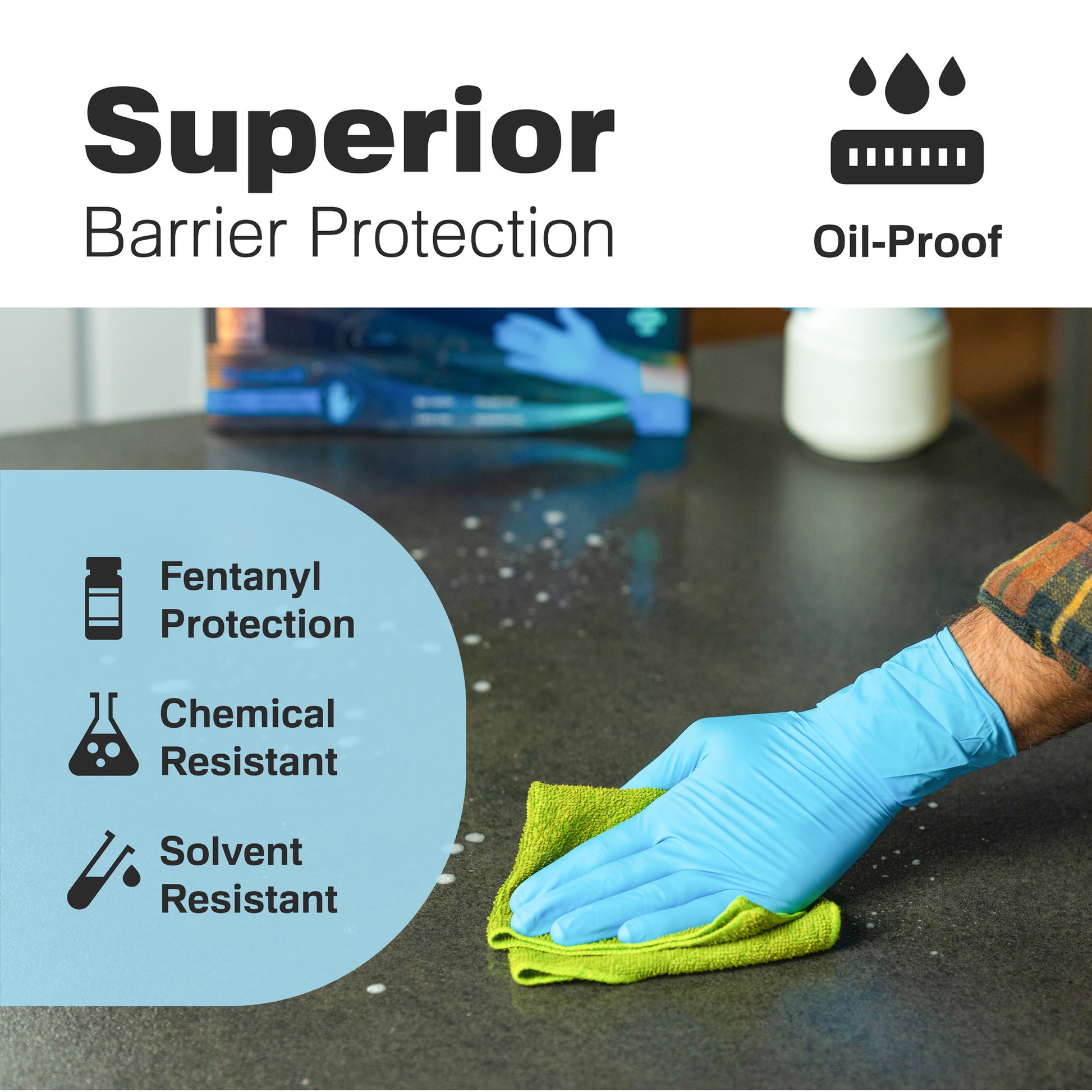 Blue-gloved hand cleaning counter next to text “Superior Barrier Protection” and oil-proof icon. Reinforces chemical defense features of Raxwell gloves.