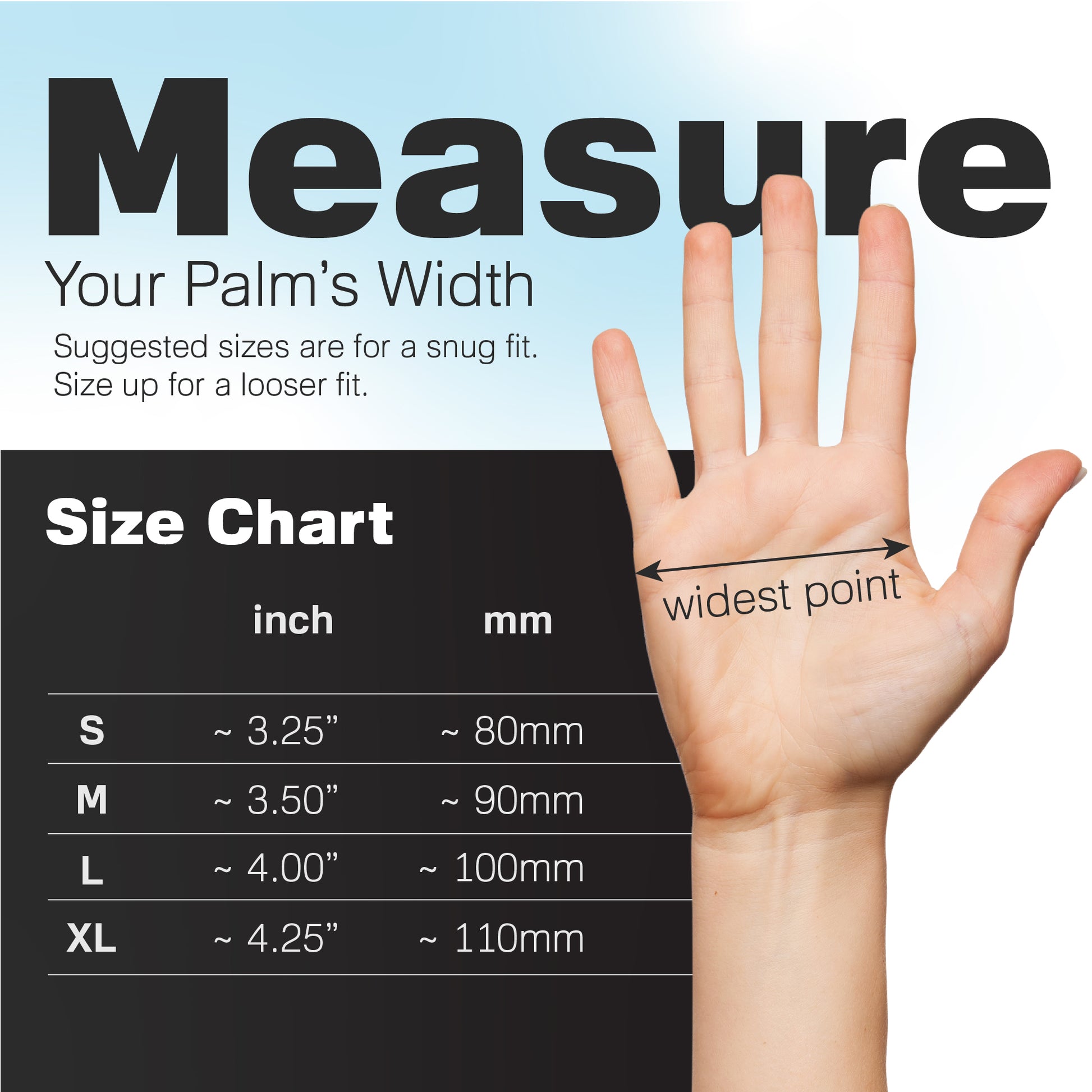 Graphic shows an open hand beside a sizing table that explains how to measure palm width for these Raxwell disposable nitrile gloves. The chart lists S-XL in inches and millimetres so buyers can pick the perfect Raxwell fit.
Size S: Approx 3.25 inches
Size M: Approx 3.5 inches
Size L: Approx 4 inches
Size XL: Approx 4.25 inches