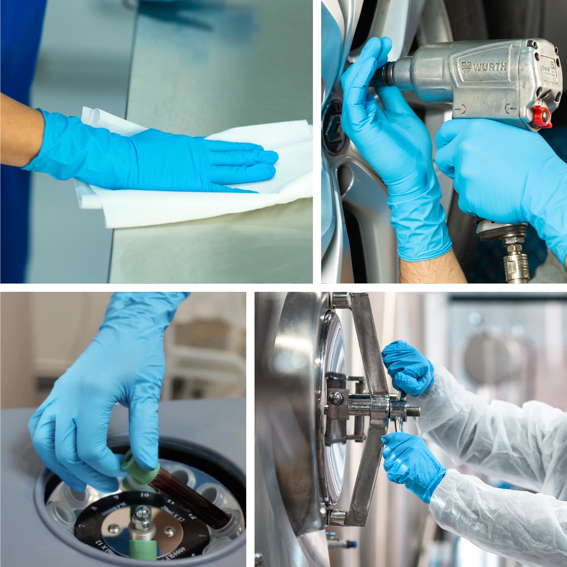 Collage shows blue Raxwell gloves wiping stainless surfaces, tightening lug nuts, loading lab samples and servicing equipment. Highlights cross-industry usefulness.