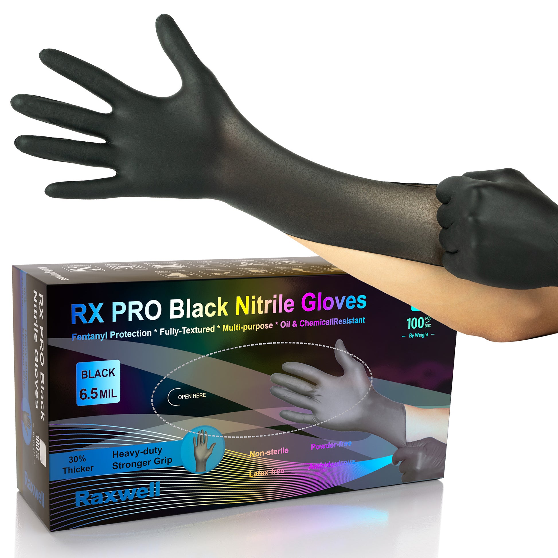 Hand pulls sleek black Raxwell RX PRO nitrile glove tight above box noting 6.5 mil thickness, fentanyl protection and heavy-duty grip. Shows premium packaging.