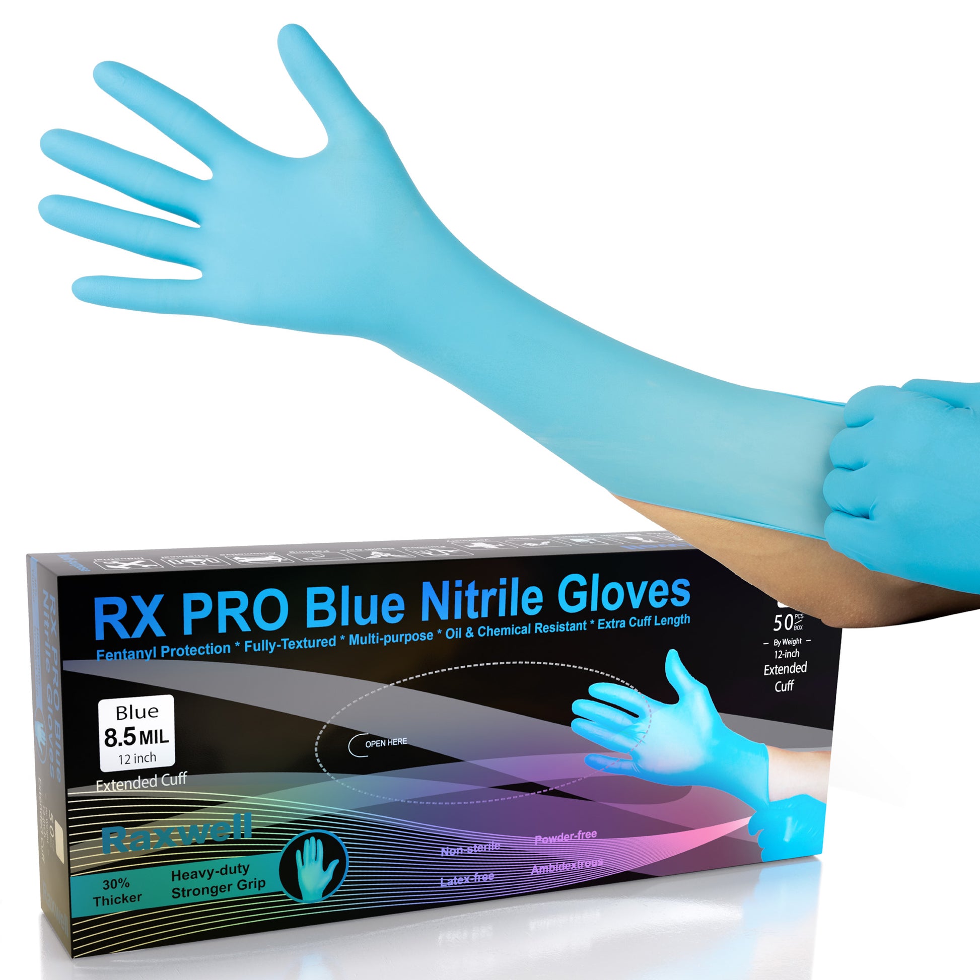 Blue Raxwell RX PRO nitrile glove pulled snug over forearm above a 50-count box listing 8.5 mil thickness, extended cuff and fentanyl protection. Demonstrates long cuff coverage.