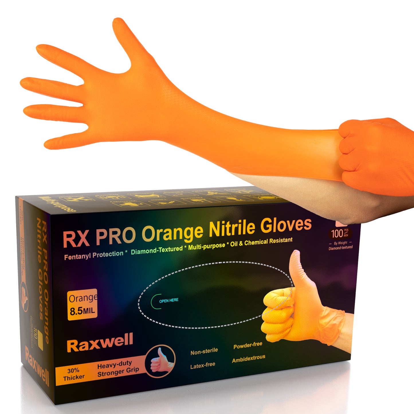 Hand stretches bright orange Raxwell RX PRO nitrile glove above box labelled “8.5 mil, diamond-textured, oil & chemical resistant.” Shot highlights packaging and heavy-duty grip.