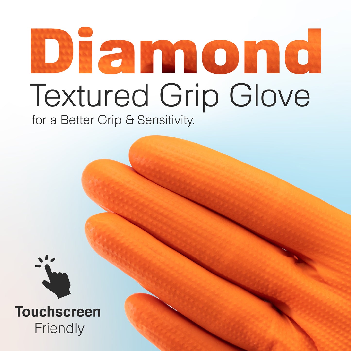 Macro shot of diamond-textured orange glove fingertips with headline “Diamond Textured Grip Glove – Touchscreen Friendly.” Emphasizes non-slip control.