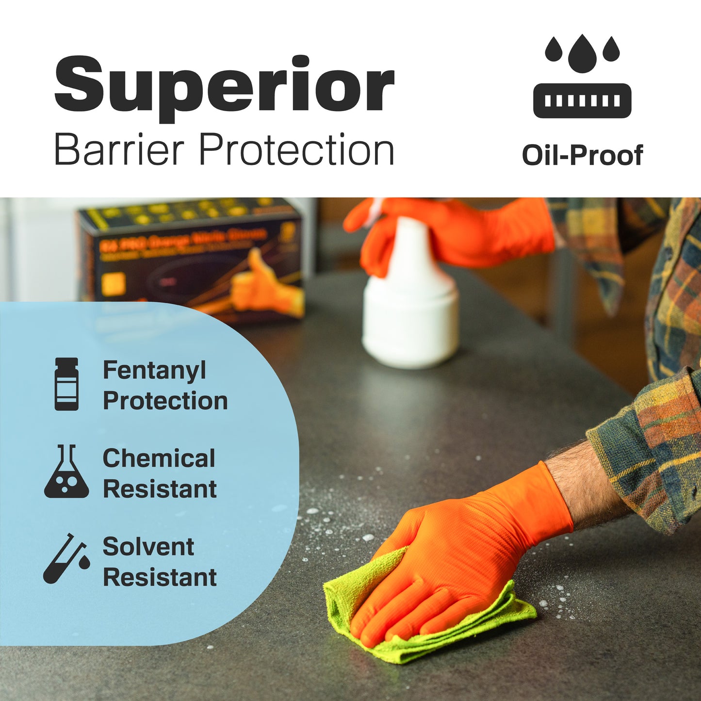 Person wipes countertop with orange Raxwell glove; overlay reads “Superior Barrier Protection” plus call-outs for fentanyl, chemical and solvent resistance. Communicates robust defense.