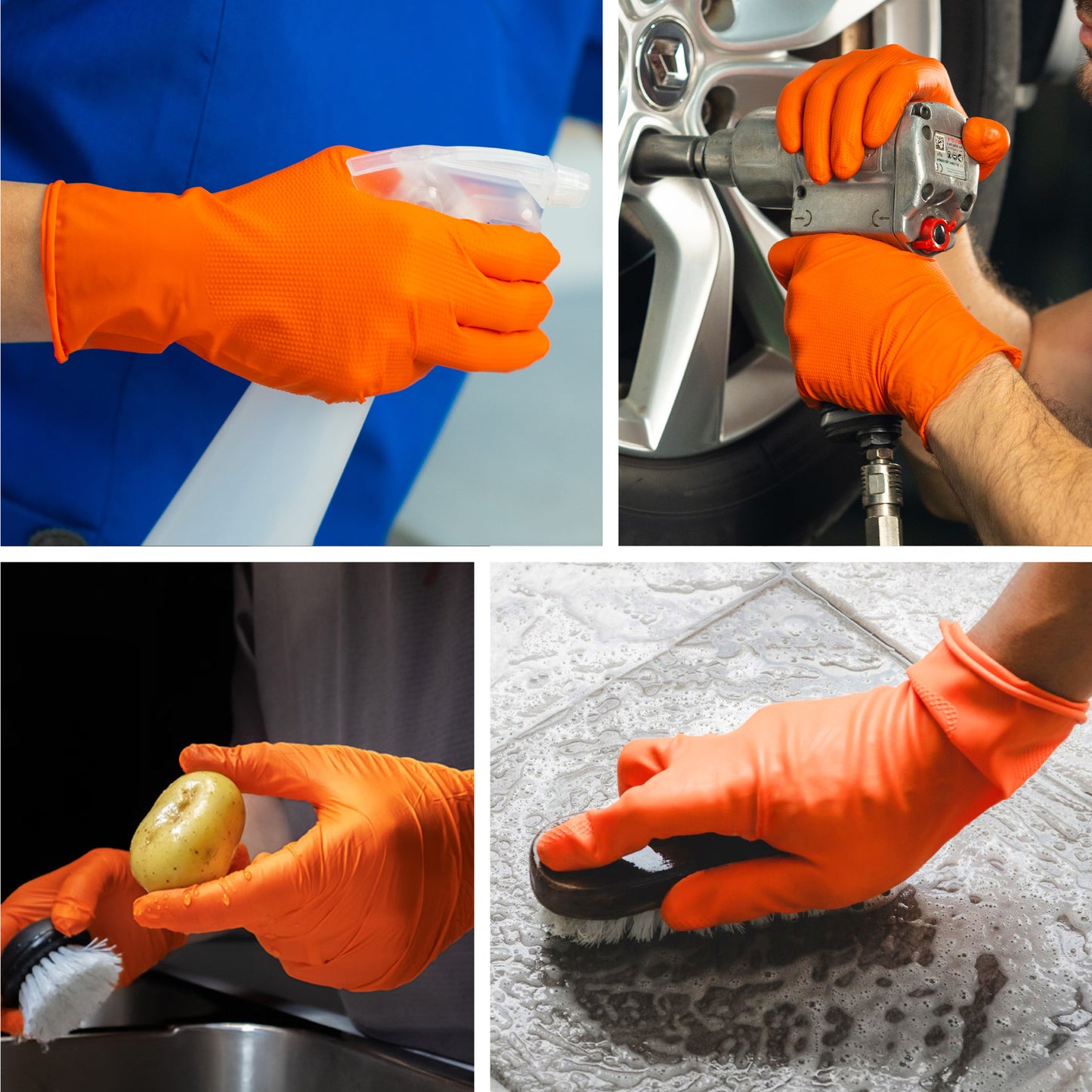 Four-panel collage shows textured orange Raxwell nitrile gloves cleaning, using power tools, washing produce and scrubbing floors. Illustrates heavy-duty versatility of the 8.5 mil glove.