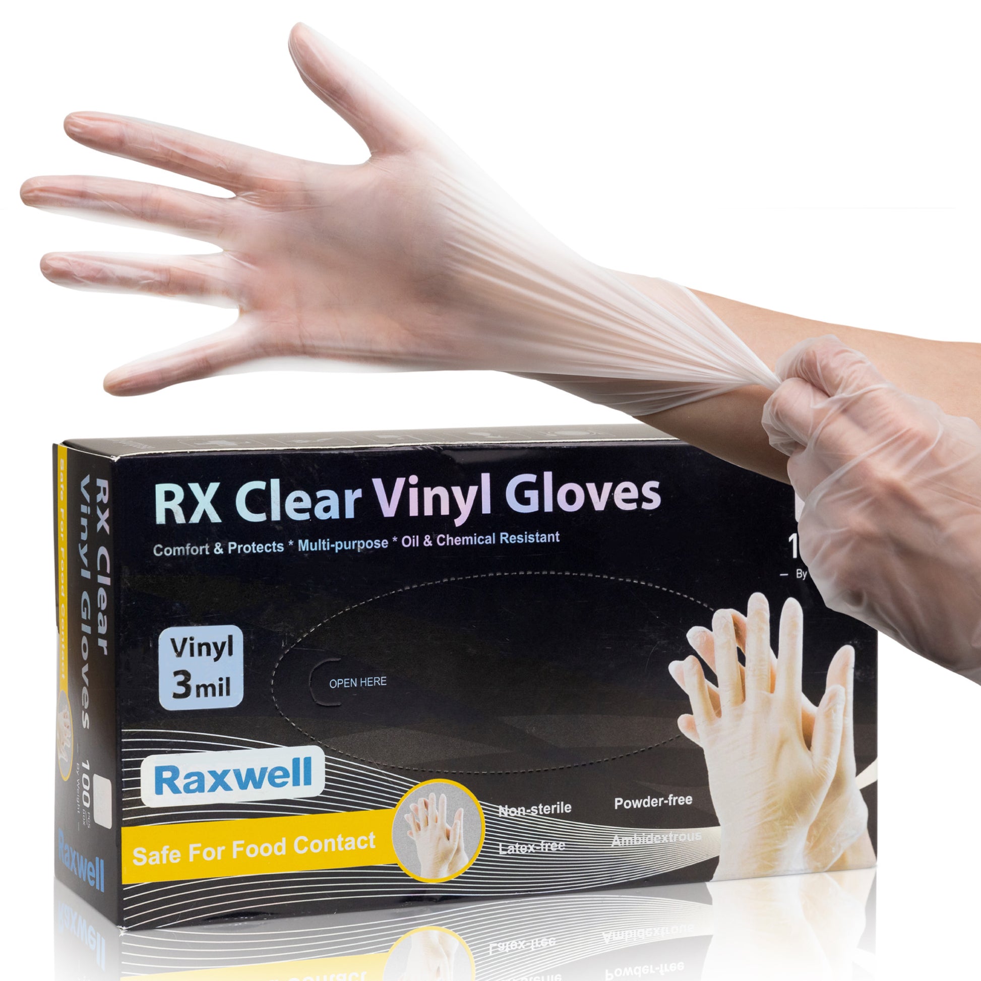 Hand stretches a clear Raxwell vinyl glove above a retail box labelled “RX Clear Vinyl Gloves, 3 mil, food-safe, powder-free.” Photo showcases product packaging and elastic fit.