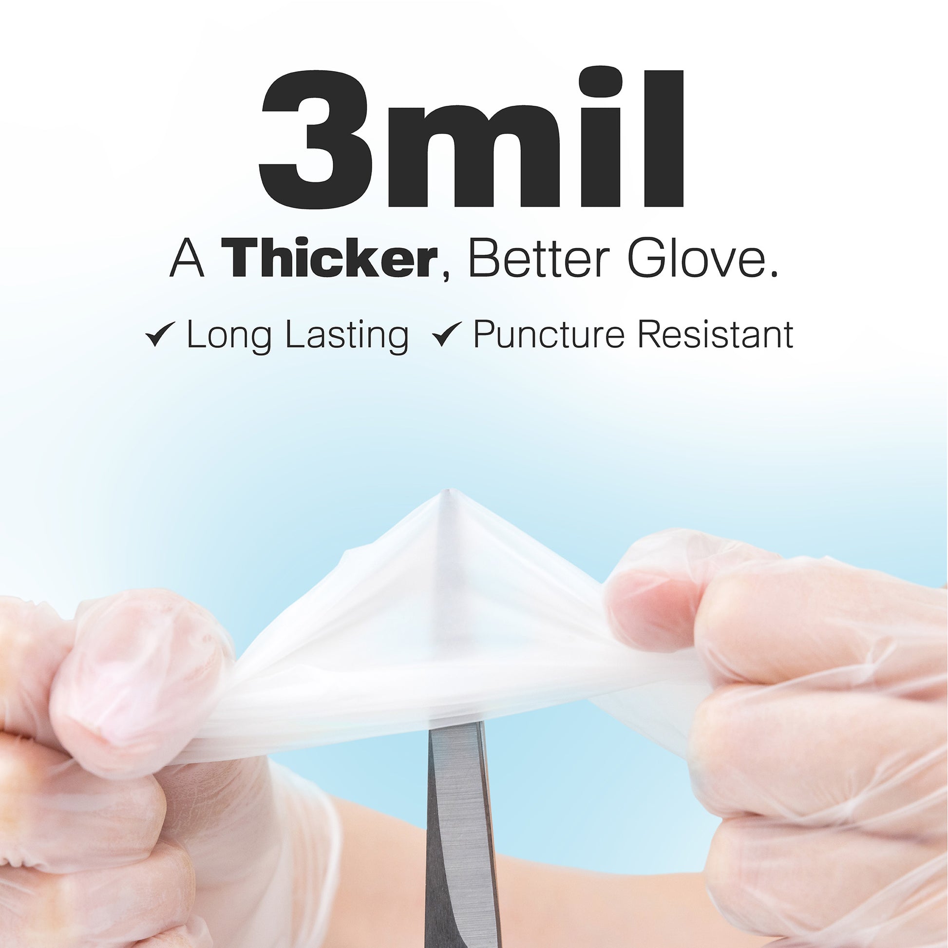 Two hands stretch a Raxwell 3-mil vinyl glove over scissors with headline “3 mil – A Thicker, Better Glove” plus ticks for long-lasting and puncture resistant. Demonstrates the disposable glove’s durability.