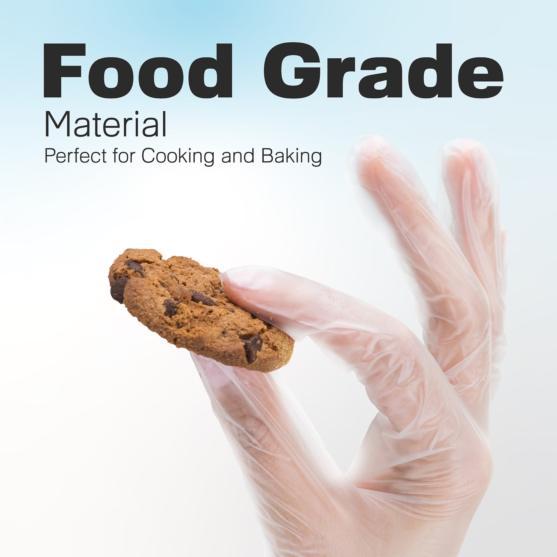 Close-up of a gloved hand delicately holding a chocolate-chip cookie under headline “Food Grade Material – Perfect for Cooking and Baking.” Emphasises that Raxwell vinyl gloves are safe for direct food handling.