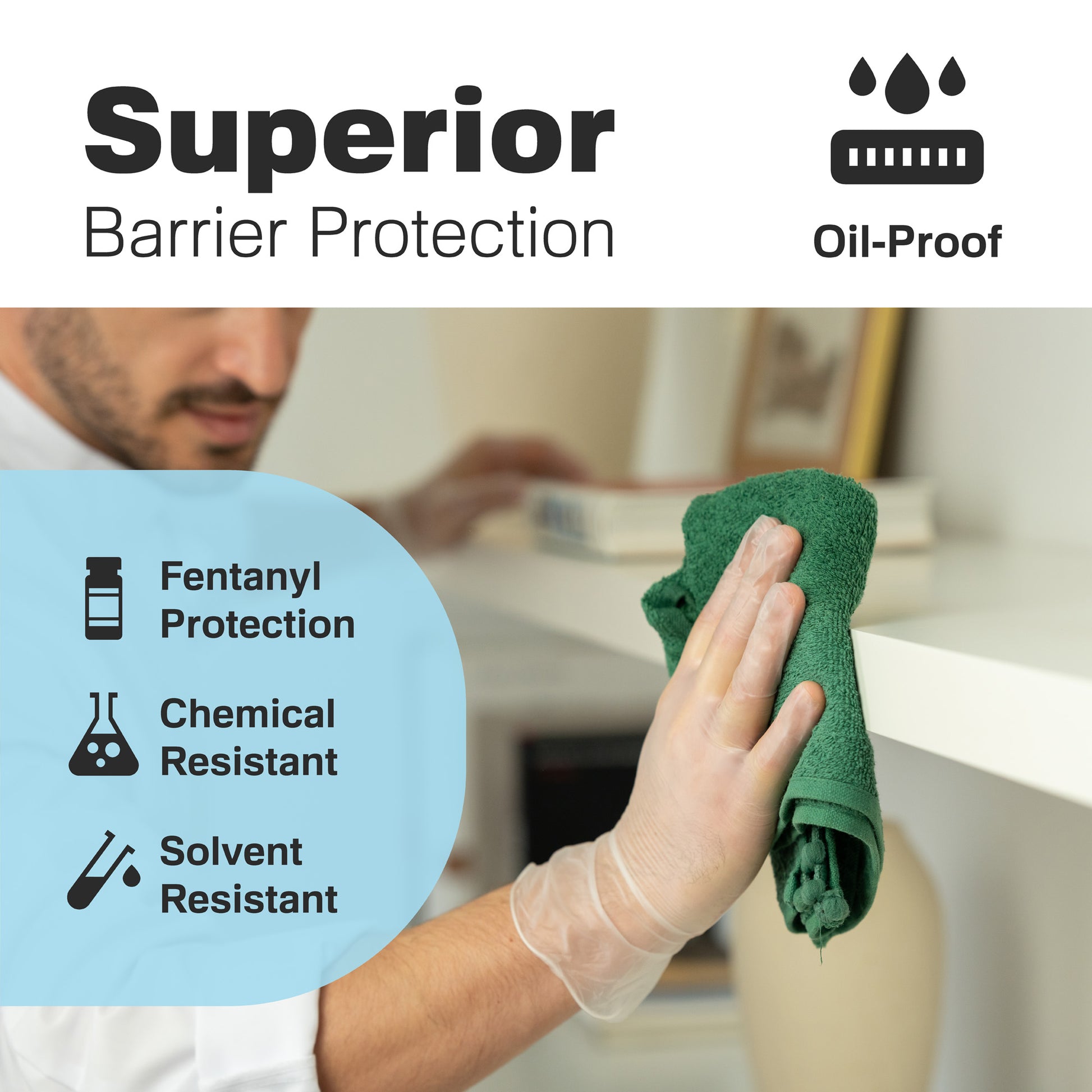 A person wearing translucent Raxwell vinyl gloves wipes a shelf with a green cloth; bold copy reads “Superior Barrier Protection” with icons for oil-proof, fentanyl, chemical and solvent resistance. Scene underscores the glove’s multipurpose safety.