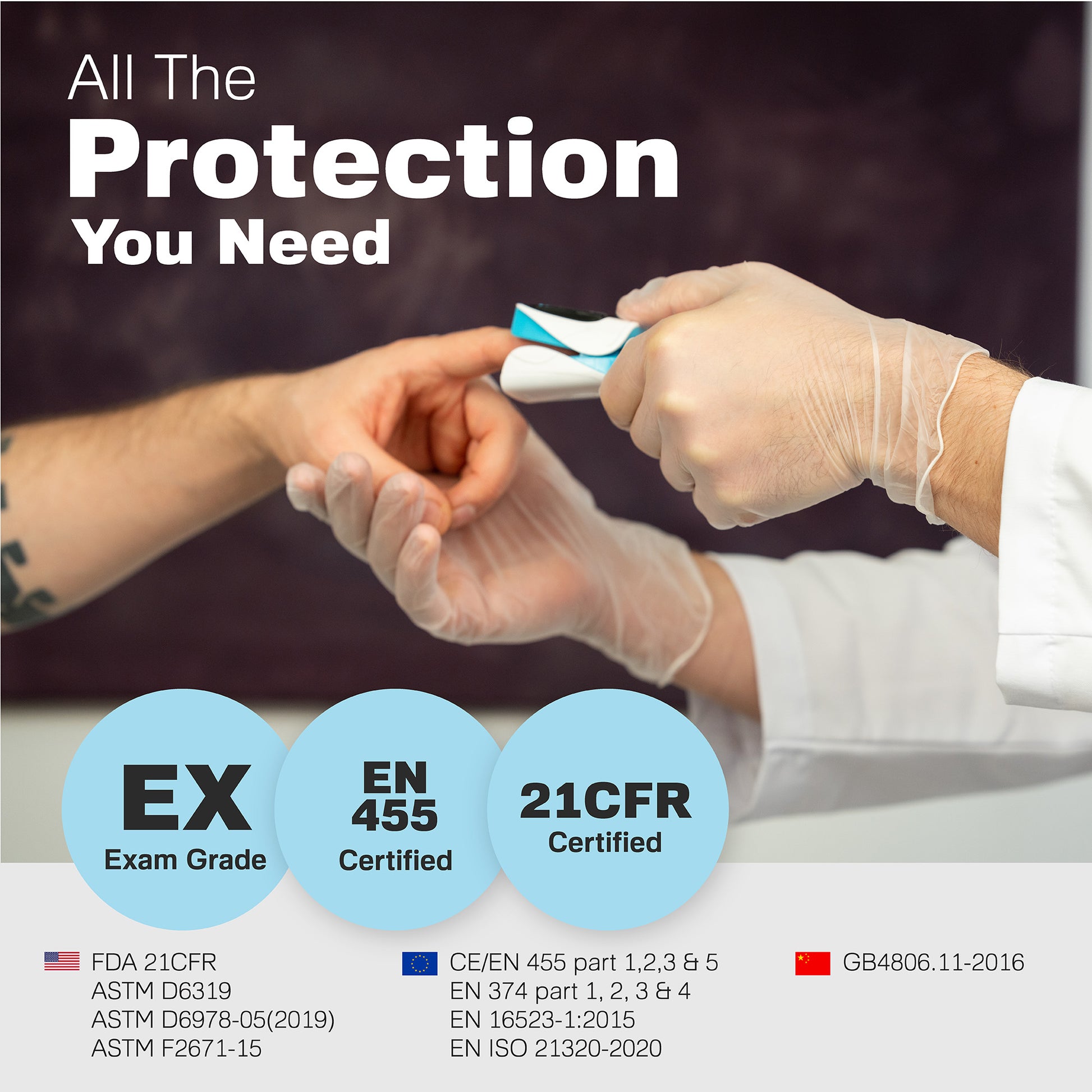 Gloved hand conducts a pulse-oximeter test under “All the Protection You Need” with exam-grade badges. Visual emphasizes certification of Raxwell vinyl gloves.