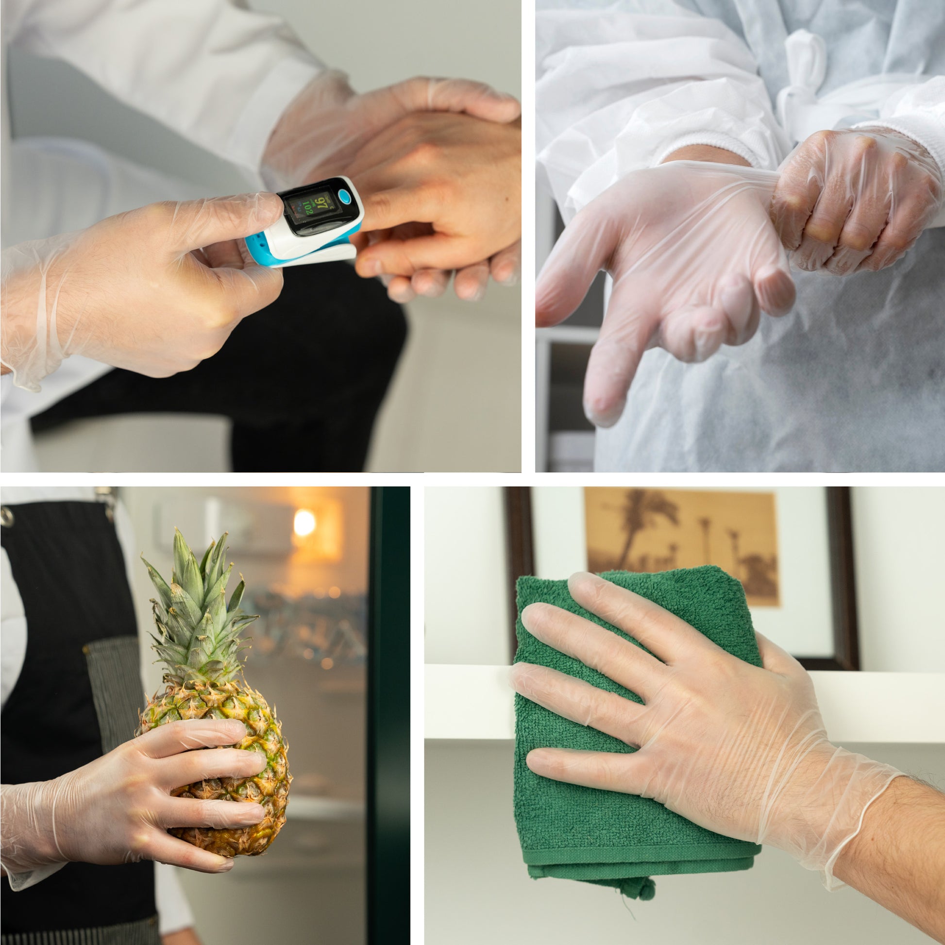 Four-image collage shows clear Raxwell vinyl gloves in medical testing, food handling, cleaning and donning scenarios. Graphic illustrates everyday versatility.