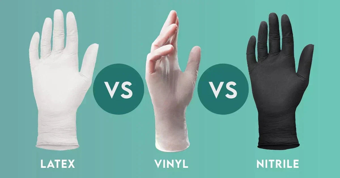 Image of 3 hand wearing 3 different types of gloves: LATEX VS VINYL VS NITRILE