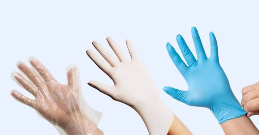 Image of 3 hands, one wearing clear vinyl gloves, the next wearing white latex gloves, and the last wearing blue nitrile gloves, over a light blue background.