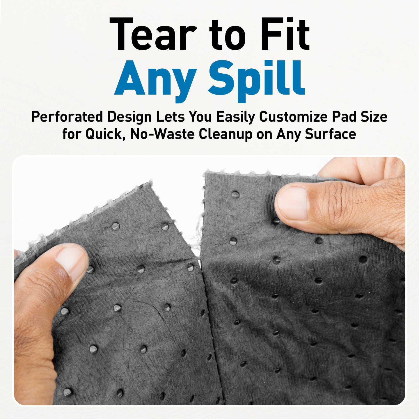 Gray perforated cleaning pad being torn apart with text about customizable size for quick cleanup.