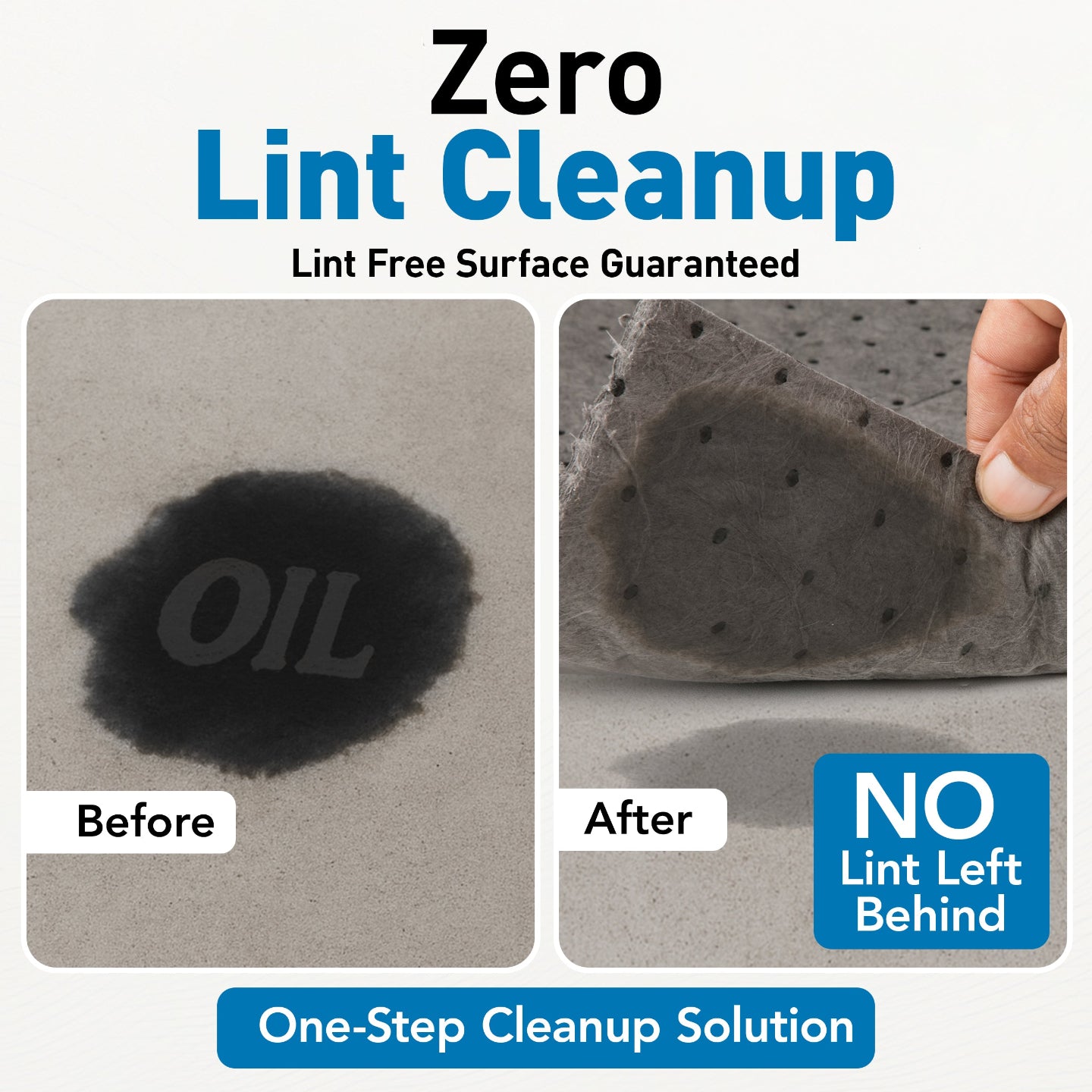 Before and after comparison of oil spill cleanup with 'Zero Lint Cleanup' product.