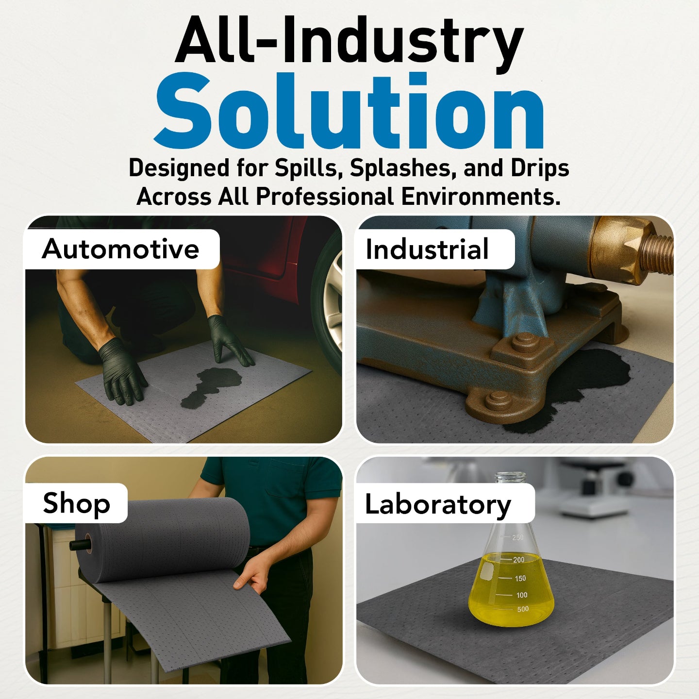 Product solution for spills, splashes, and drips across various professional environments.