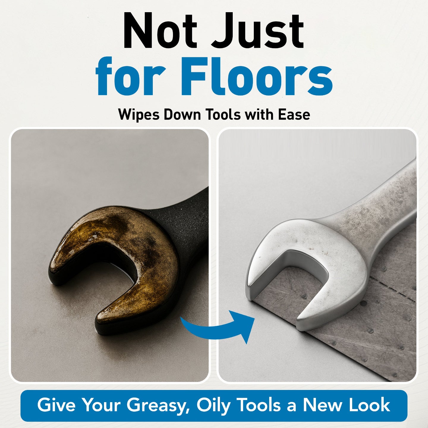 Dirty wrench being cleaned with the oil pads, before and after shown on a gray background.