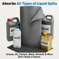 Gray absorbent mat with containers of various liquids on a white background.
Upper legend says "Absorbs all types of liquid spills"