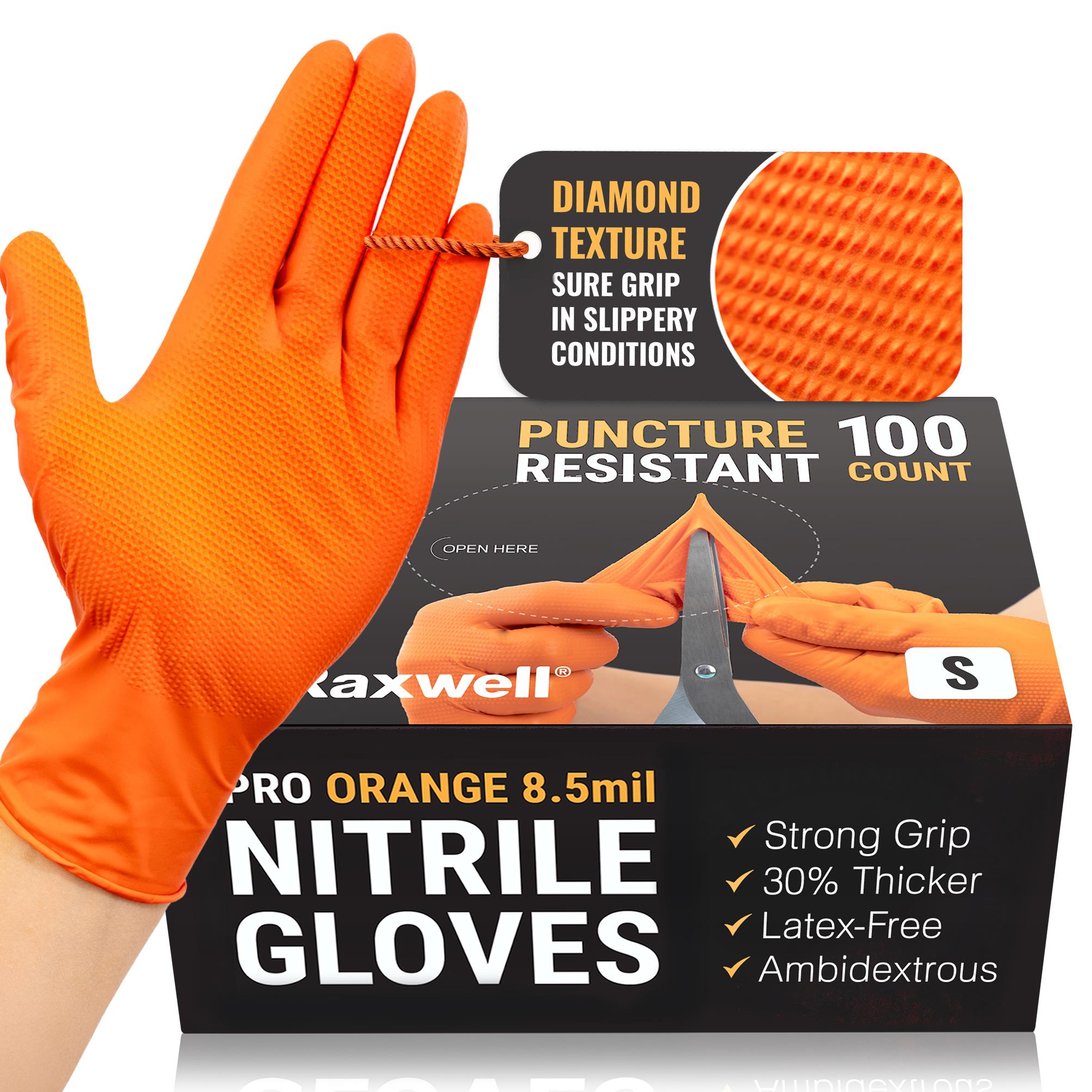 Raxwell RX PRO Orange Nitrile Gloves Diamond Grip Disposable