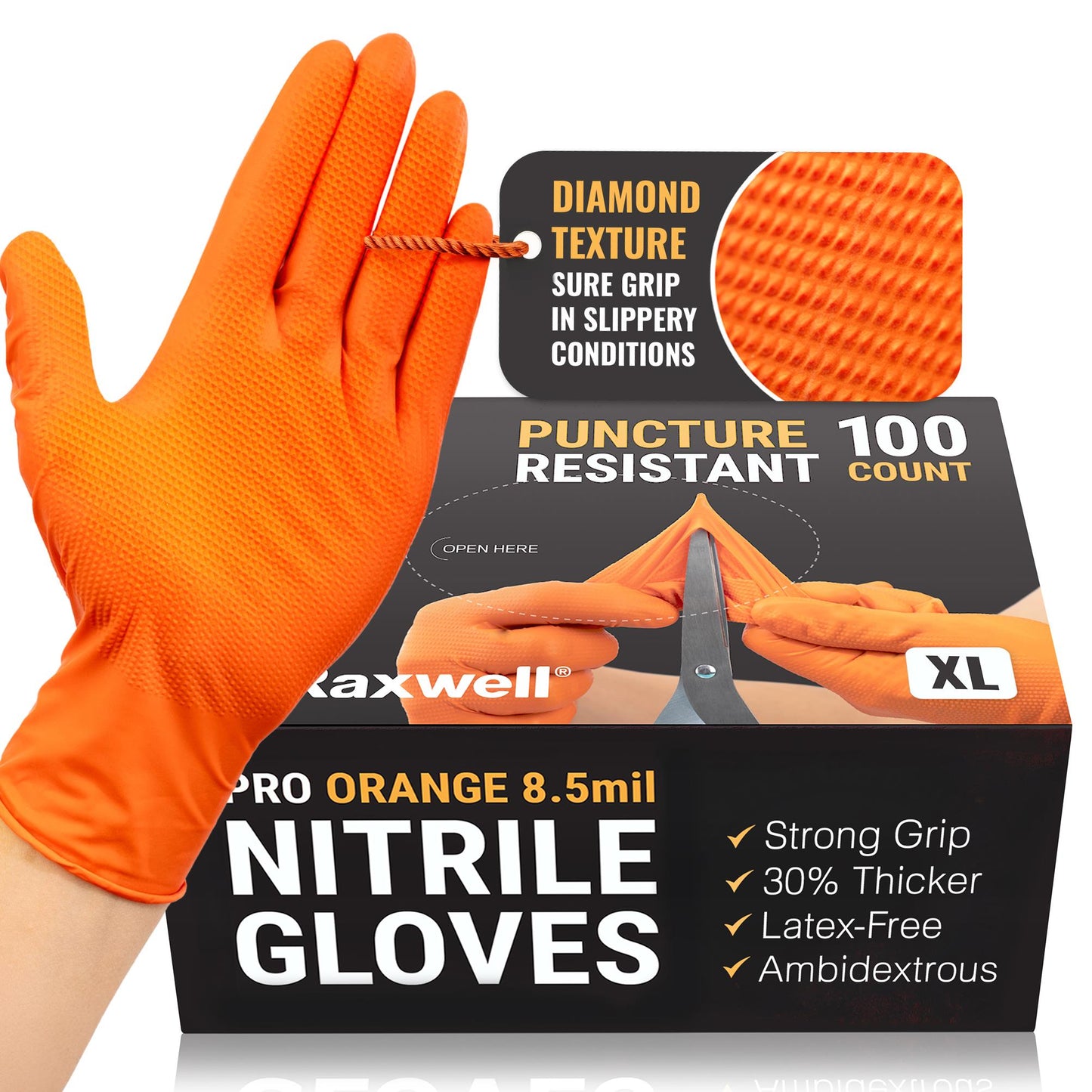 Raxwell PRO Diamond Grip Orange Nitrile Gloves |  8.5mil
