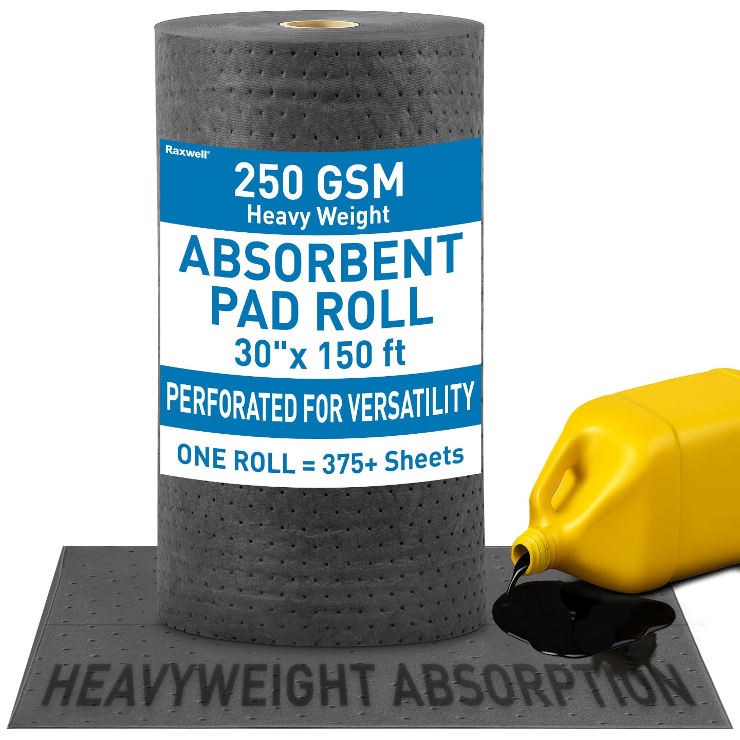 Roll of heavyweight absorbent pads with a spill demonstration on a white background