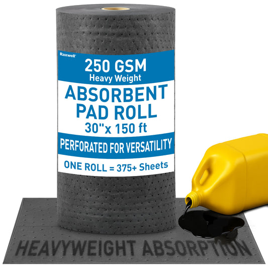 Roll of heavyweight absorbent pads with a spill demonstration on a white background