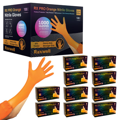 Set of ten boxes of orange Raxwell 8.5-mil gloves lined up for contractors. Picture sells bulk purchasing power for heavy-duty tasks.